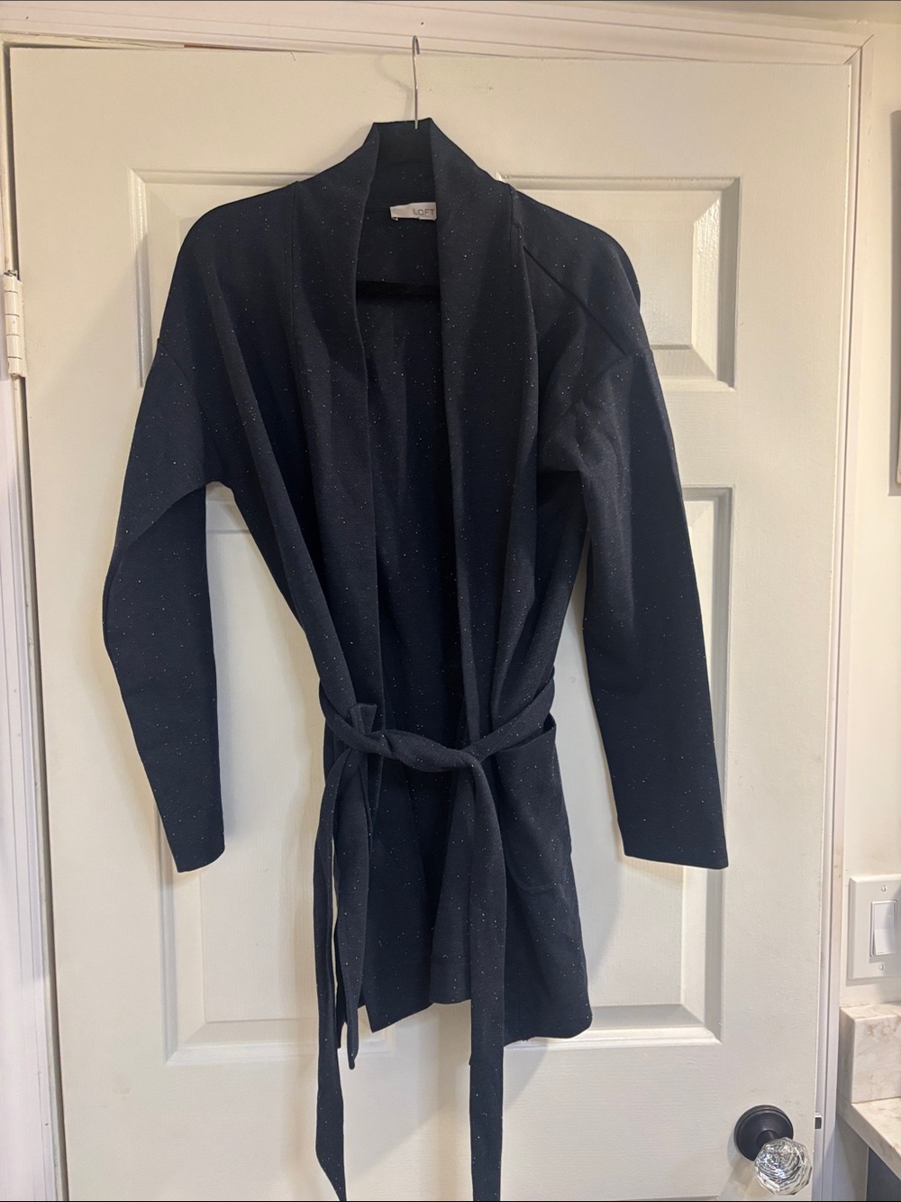 LOFT Black Sparkle Open Belted Cardigan